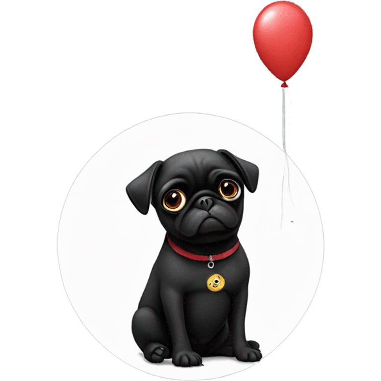 Black pug  and a ballon that says  “I’m sorry” emoji