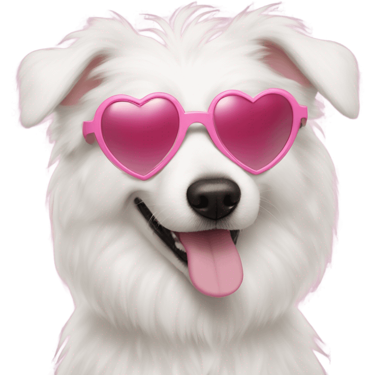 Fluffy white dog with pink heart sunglasses emoji