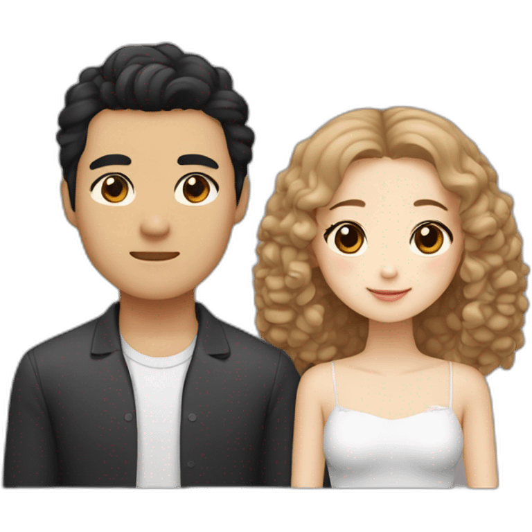 A couple consisting of asian korean man with dark eyes and black wavy hair and white girl with long straight blonde hair and brown eyes with brown toy poodle emoji