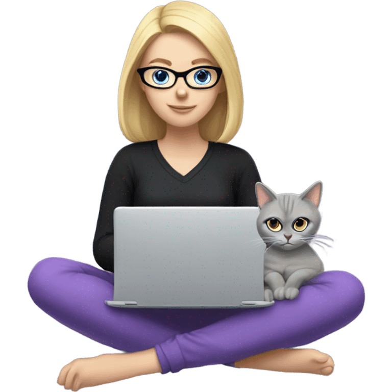 Blonde girl with blue eyes, wearing black glasses and a purple long-sleeve shirt, sitting with a computer and a grey cat. emoji