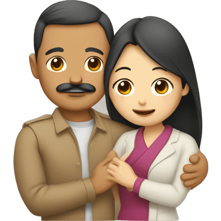 Tan male with mustache hugging a Asian female emoji