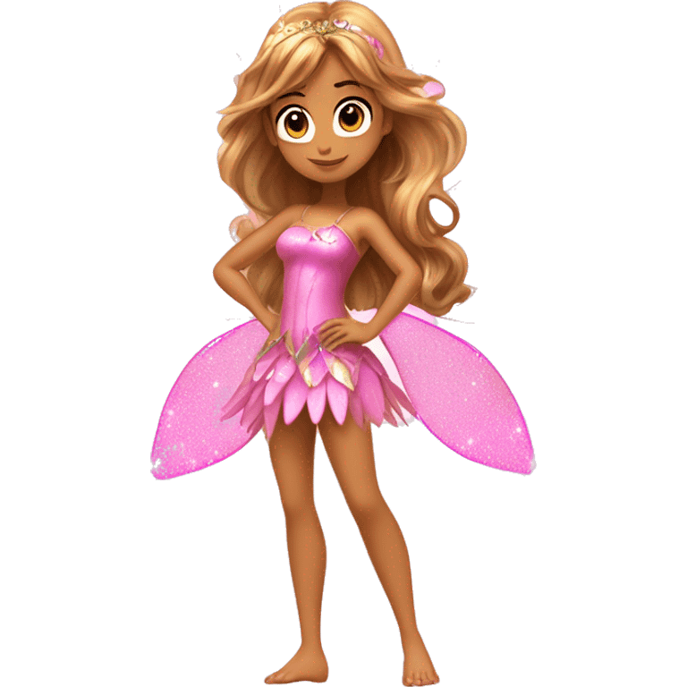 Flora the adult latina fairy of nature in her enchantix fairy pink clothing and fairy enchantix wings and long light brown hair from winx club. Lots of sparkles, feel the magic  emoji