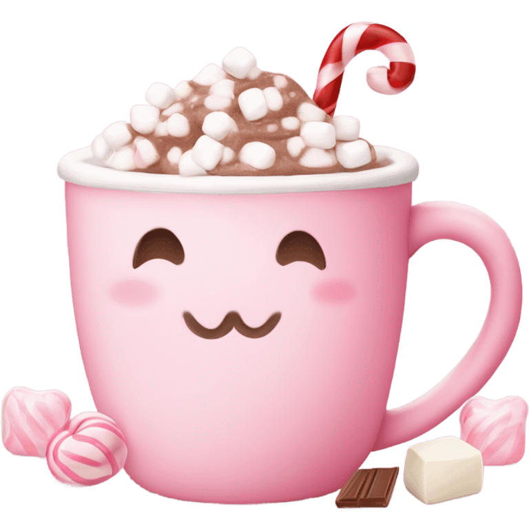 Aesthetic, coquette, hot chocolate that is super cute pink and pastel and adorable and has marshmallows in it and light pink and white candy cane is in it and there’s a little teddy bear on the mug of the hot chocolate emoji