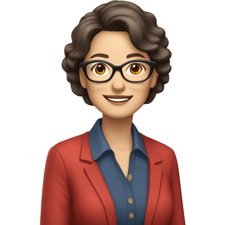 Woman in her 60s, with dark brown hair, pale skin, glasses, brown eyes, smiling wearing a red blazer, collared shirt,  jeans emoji