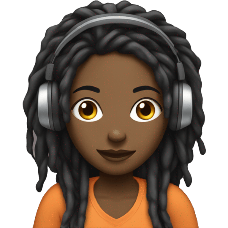 black woman with dreads behind laptop typing and wearing headphones emoji