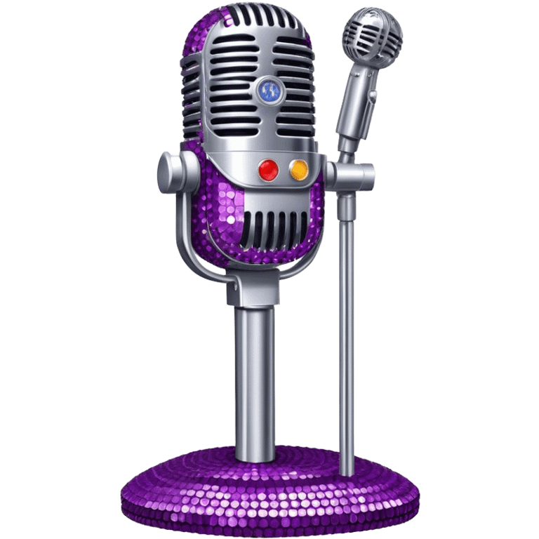 Create a glamorous and vibrant emoji representing stage vocal performance. The design should feature a humanless collage of classic vintage microphone, stage costume covered in rhinestones, sparkling brightly. The costume should be stylized, with glittering elements like sequins and sparkles, and reflect the glitzy, extravagant nature of show business. The microphone should have a sleek, retro look with chrome or metallic accents. Use rich, dazzling colors like gold, silver, deep purple, and bright red to evoke the glamorous, larger-than-life feel of a stage performance. The background should be transparent. emoji