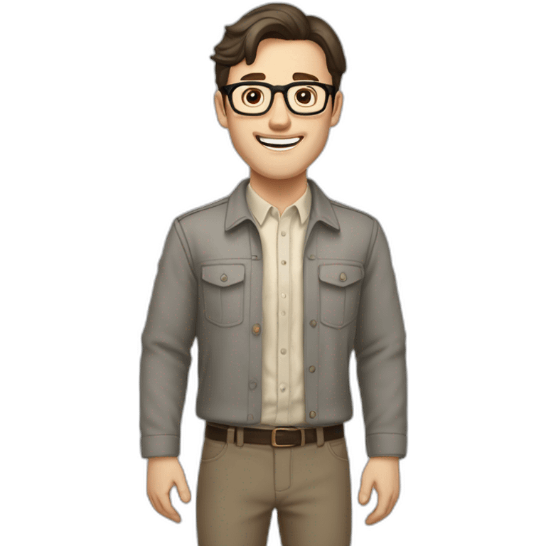 Joyful Full height Pale skinned Fit Man With dark brown hair in gray jacket, beige office shirt, Brown pants and vintage glasses. His thrumbs up emoji