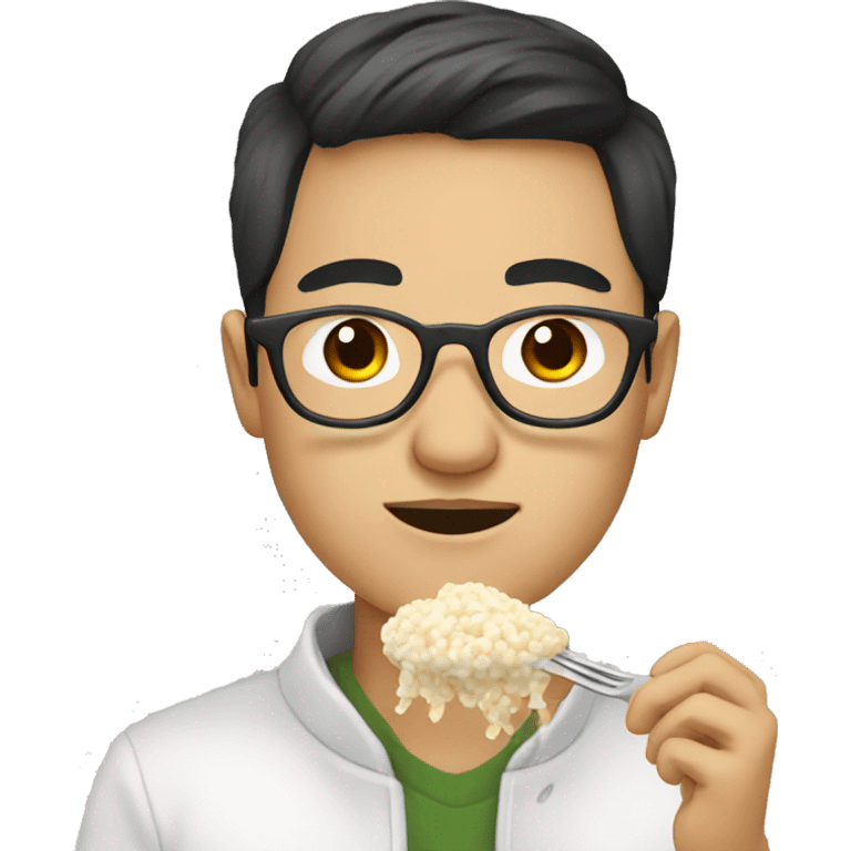 young asian man with glasses and white skin eating risotto emoji