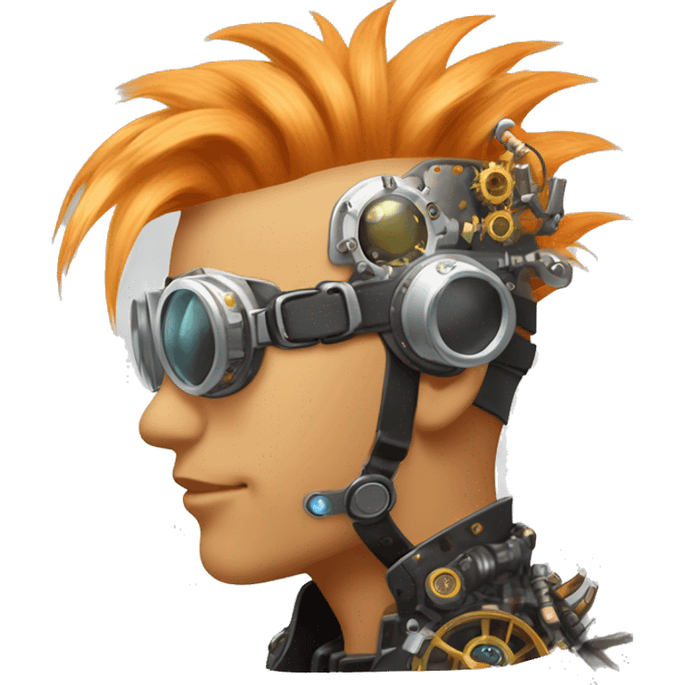 Light orange Mohawk hair male cyborg head with silver steampunk goggles and circuits emoji