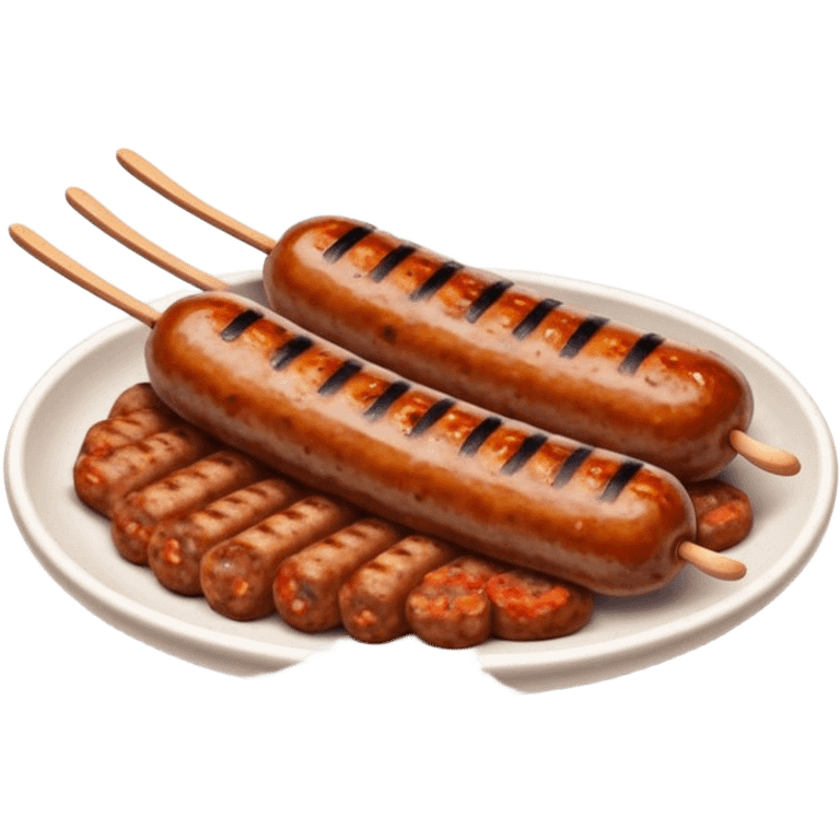 Cinematic Realistic Cevapi Dish Emoji, depicted as small, grilled minced meat sausages with a charred exterior rendered with lifelike textures and warm, savory lighting. emoji