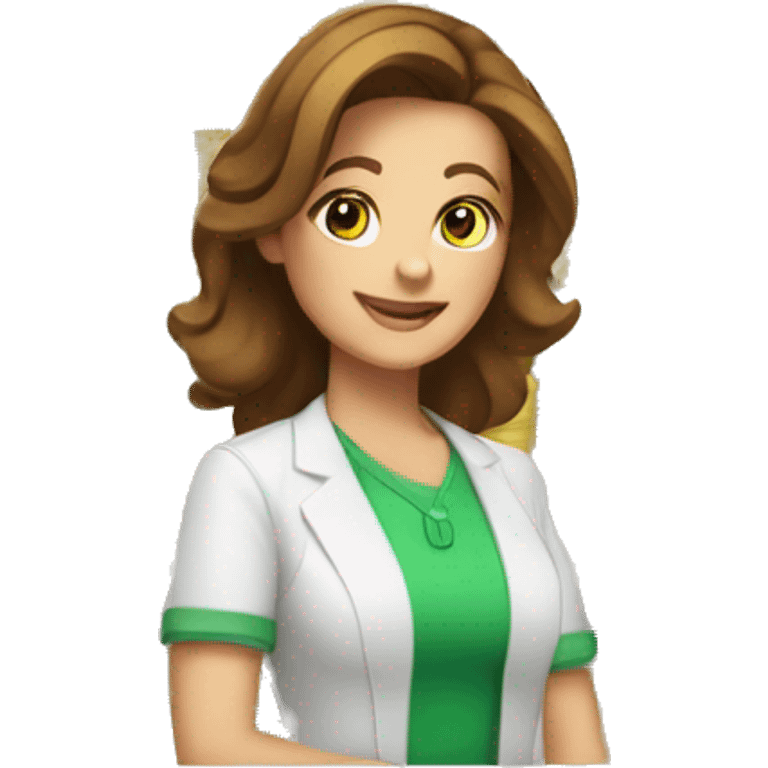 cashier (white female, brown hair, white gold earrings) in front of cash registry, apple-style emoji