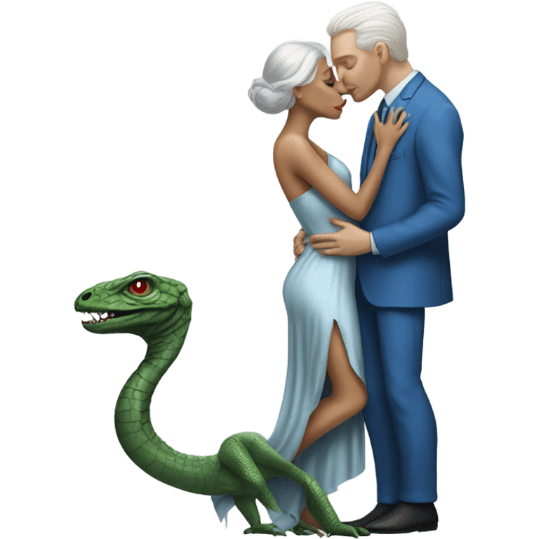 White man in blue dress  hugs and kissing Alien reptilian woman in silver dress  emoji