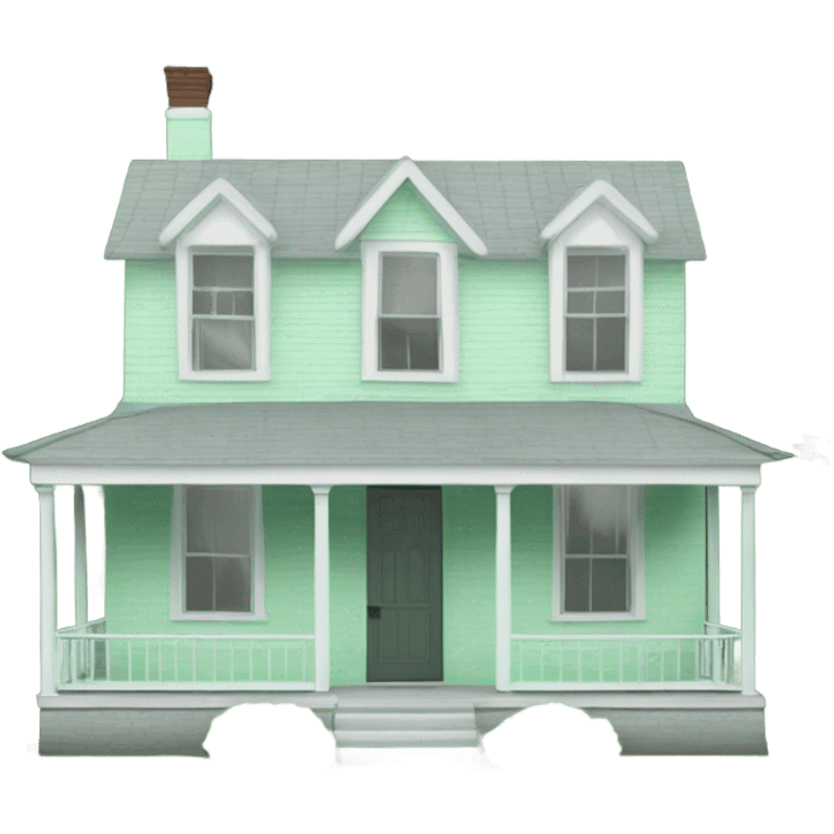 One story house mint green with gray roof. One window and white porch One tree in front yard  emoji