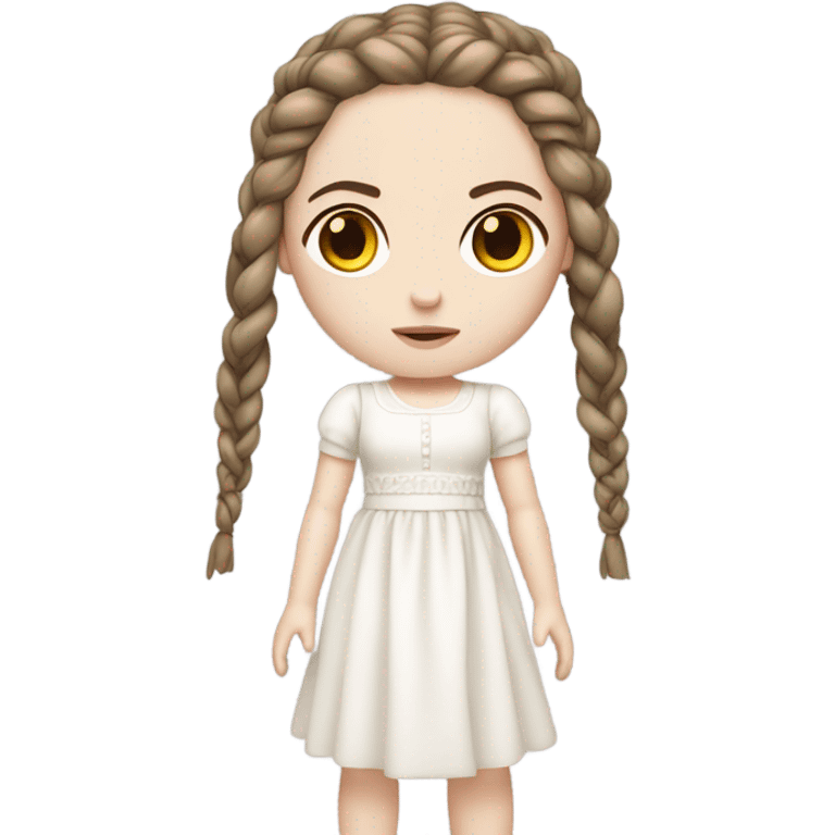 Doll with brown straight hair in braids, wearing a white dress and a serious expression. She has pale skin and a classic porcelain doll appearance, looking terrifying. emoji