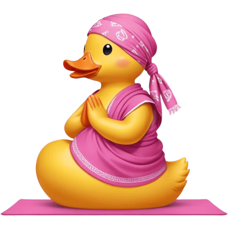 side view of yellow rubber duck with a pink bandana doing yoga while praying emoji