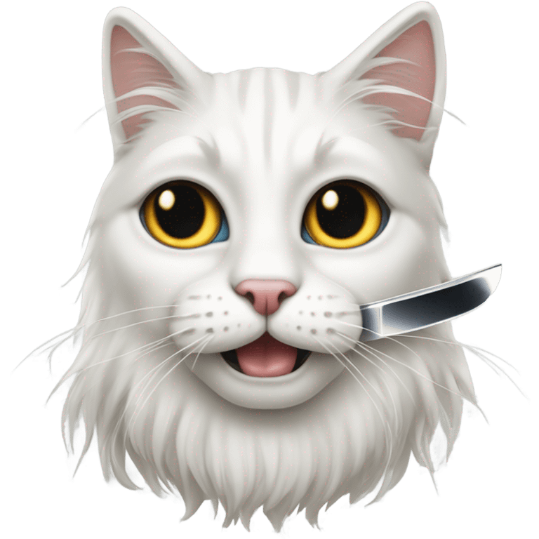 White long haired cat with black markings around eyes holding a knife  emoji