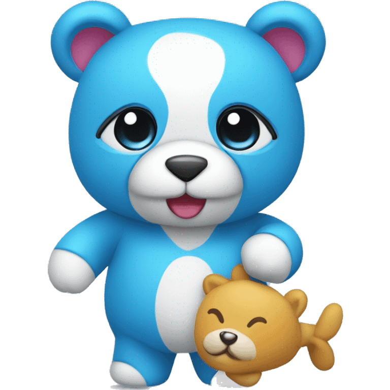 cute mascot dressed in blue outfit holding toy emoji