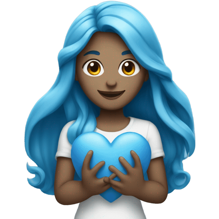 white girl with long blue hair holding a blue heart emoji