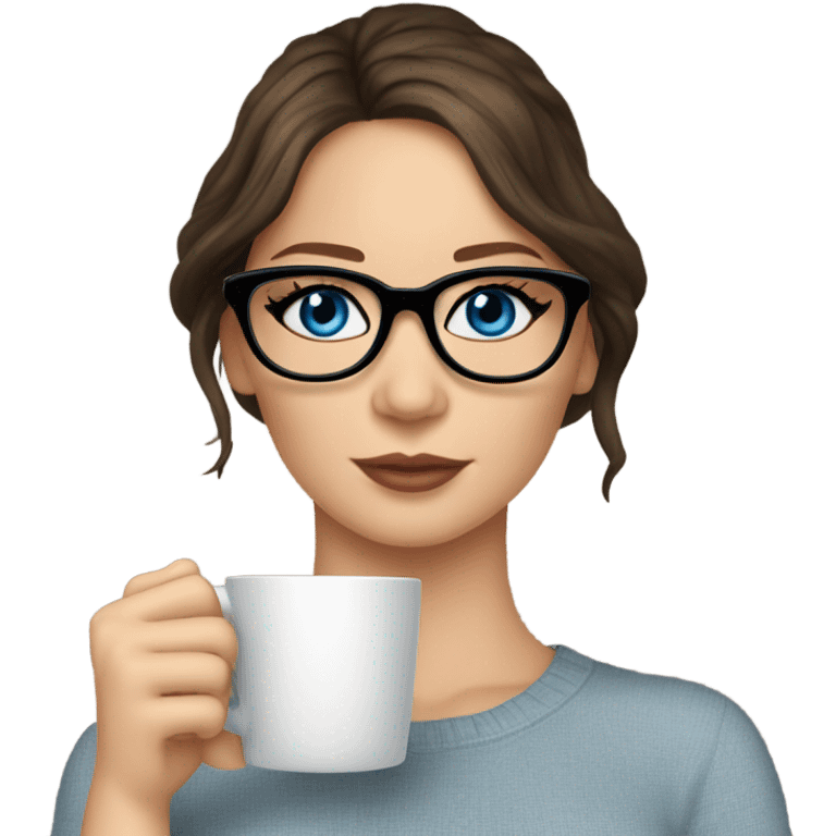 Photo of Brunette Jennifer Lawrence wearing black glasses and blue eyes drinking hot coffee  emoji