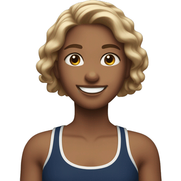 A brown light haired girl with hazel eyes smiling in a navy blue surf tank top.  emoji