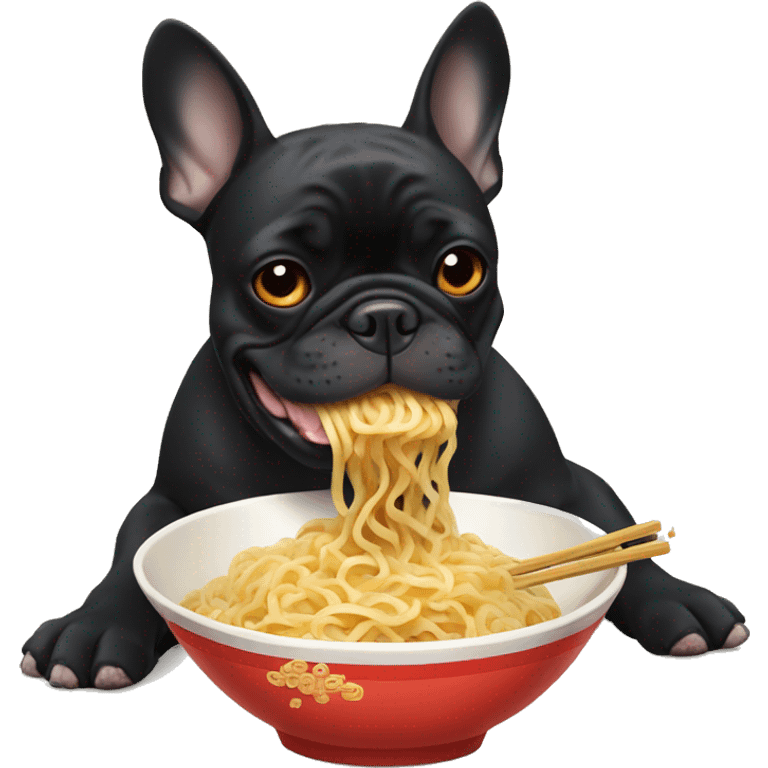 Black French bulldog eating Ramen noodles emoji