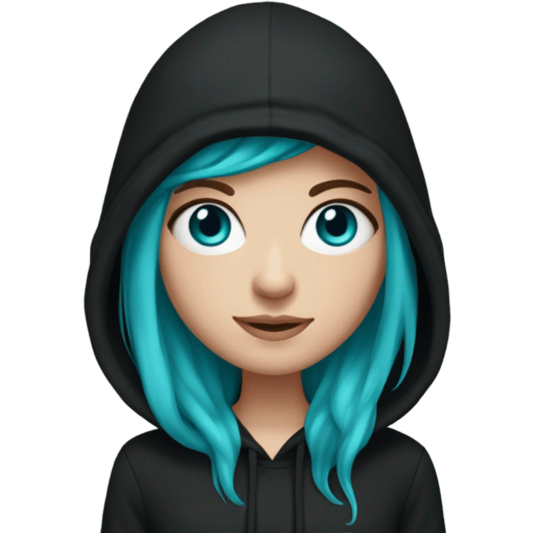 White girl, black hoodie, long teal and purple hair, black beanie hat, blue eyes emoji