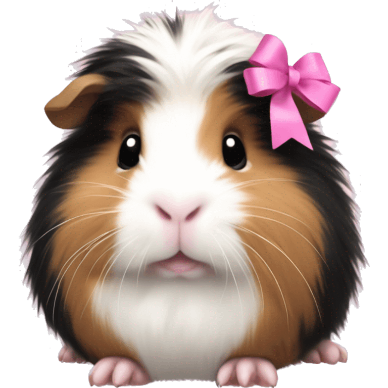 fluffy guinea pig with black white and tan fur wearing pink bow emoji