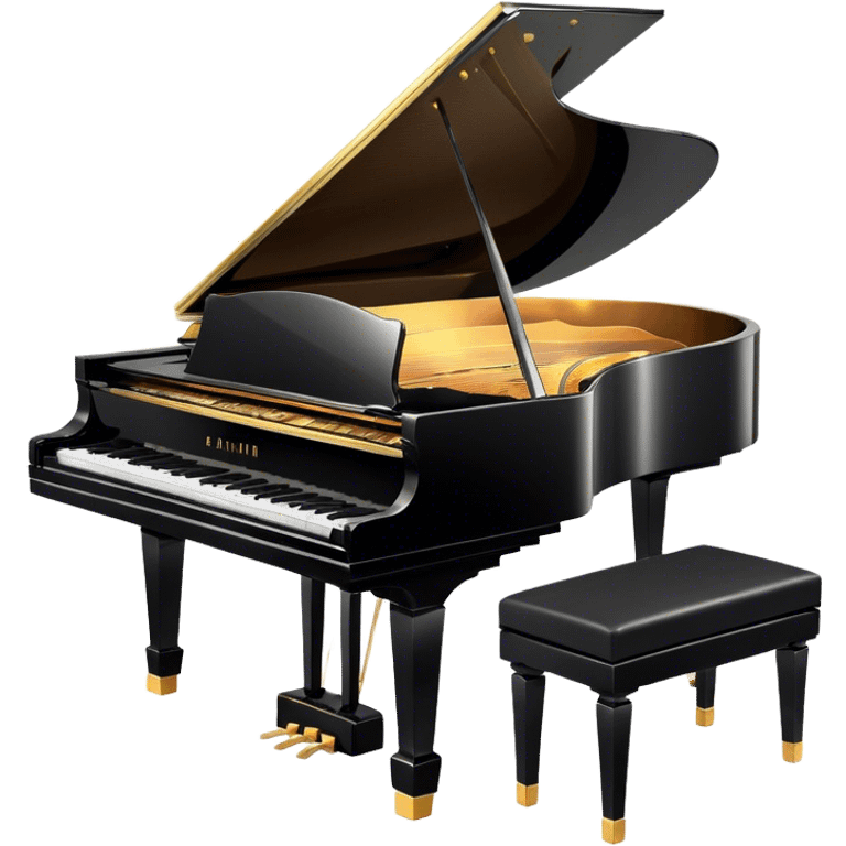 Cinematic Realistic Piano, glossy black grand piano with elegantly curved edges, pristine white and black keys, soft golden light reflecting off its polished surface, faint reflections of a musician’s hands, glowing with refined elegance and musical depth. emoji