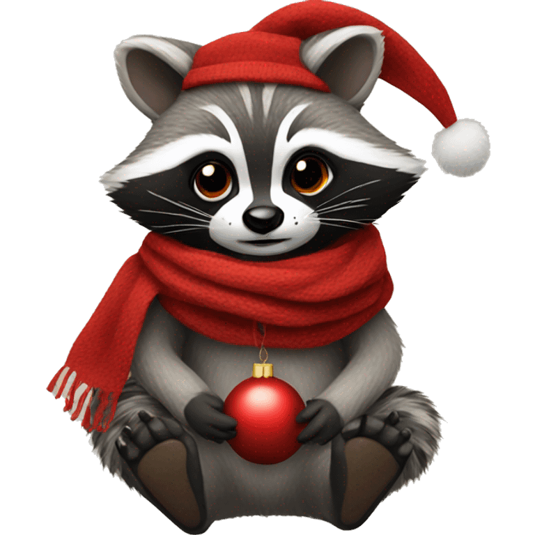 Raccoon with a scarf on holding a red ornament  emoji