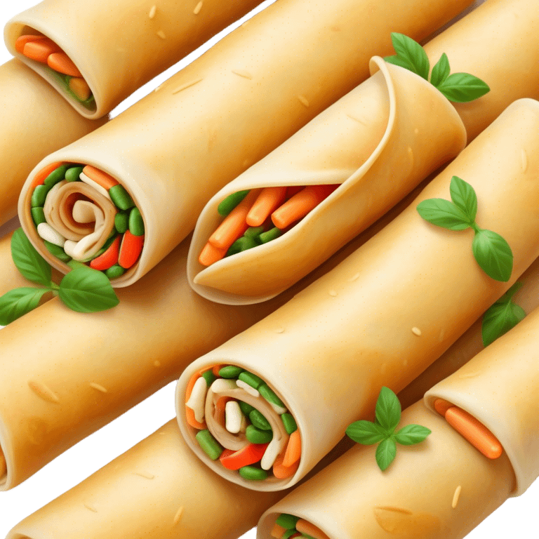 Cinematic Realistic Spring Rolls Dish Emoji, featuring golden, crispy rolls filled with fresh vegetables rendered with detailed textures and warm natural lighting. emoji