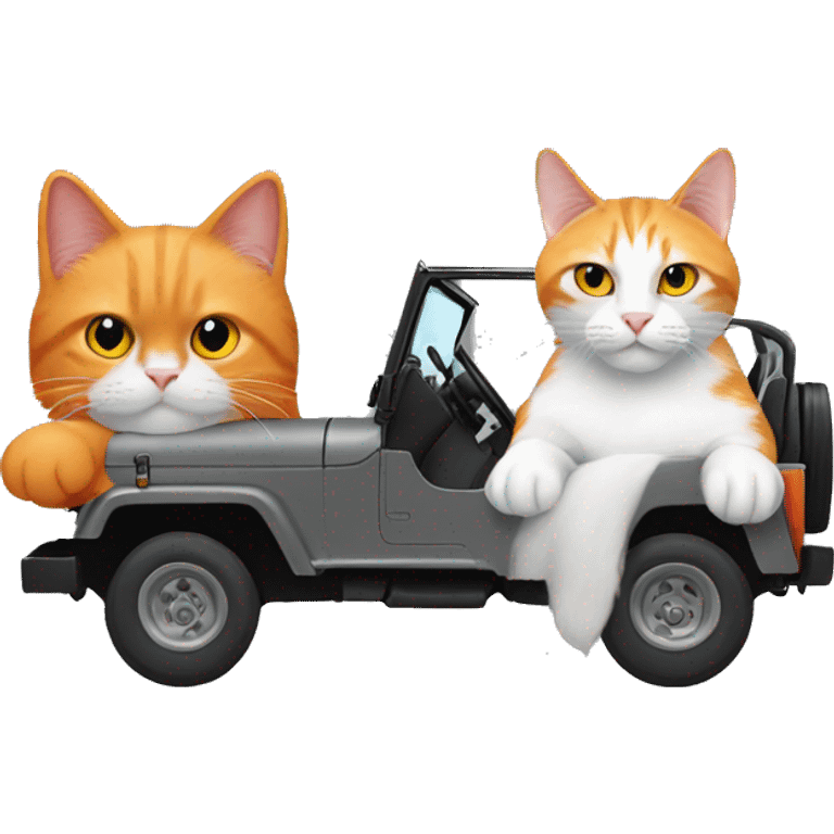 Orange cat, and gray cat, driving a black jeep emoji