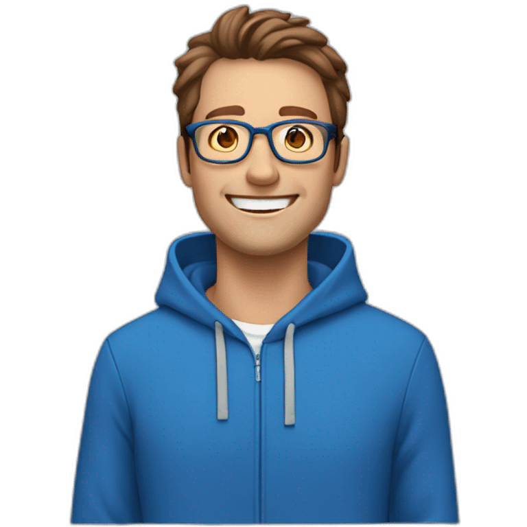 white man with brown hair and hazel eyes and glasses wearing blue hoodie feeling excited emoji