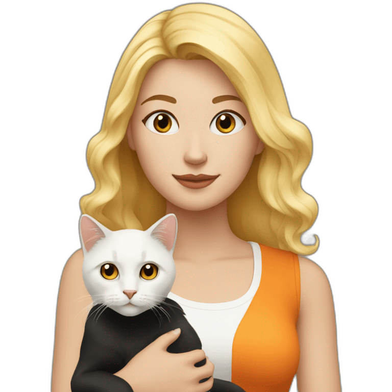 blonde-haired woman with a white,black and orange colored cat emoji