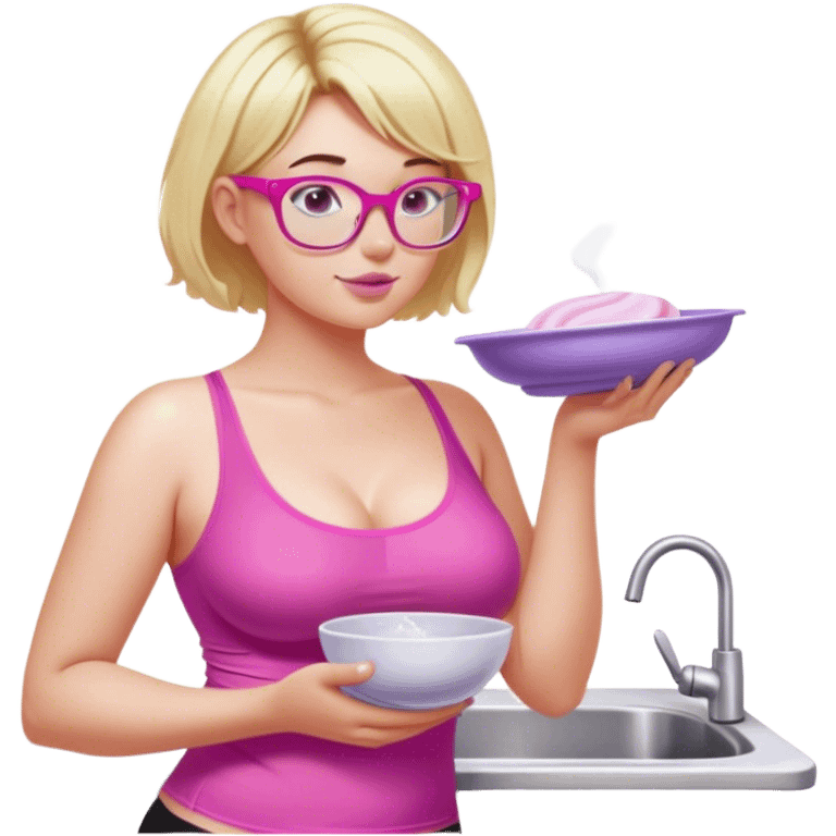 Seductive, Curvy fair and freckled skinned woman, short blond hair, small light purple reading glasses, washing dishes, short flowing sheer hot pink tank top, without undergarments SFW, black yoga pants, thick booty emoji