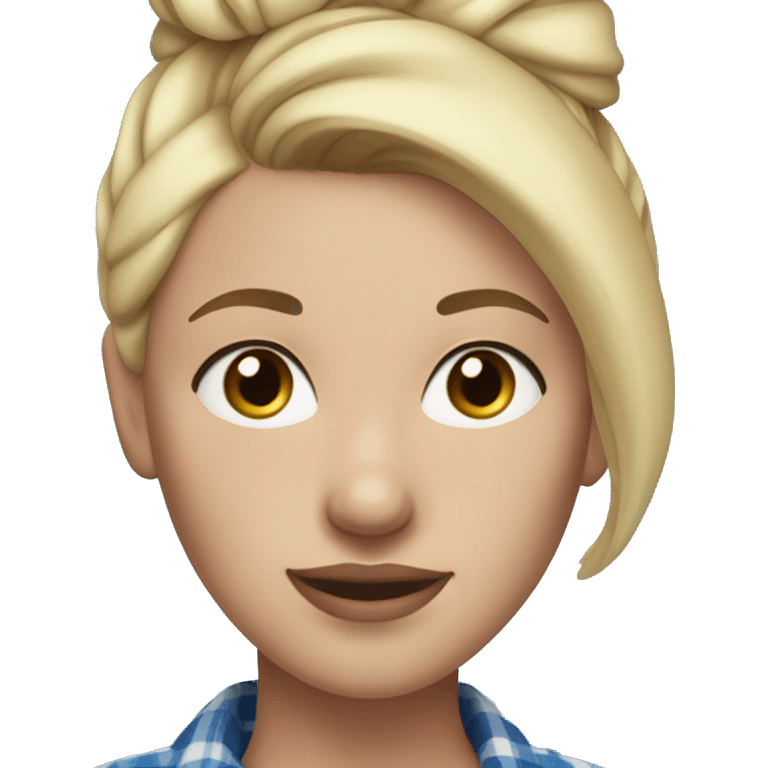 Blonde woman with freckles, blonde hair in a high bun, blue flannel, and gap in her tee emoji