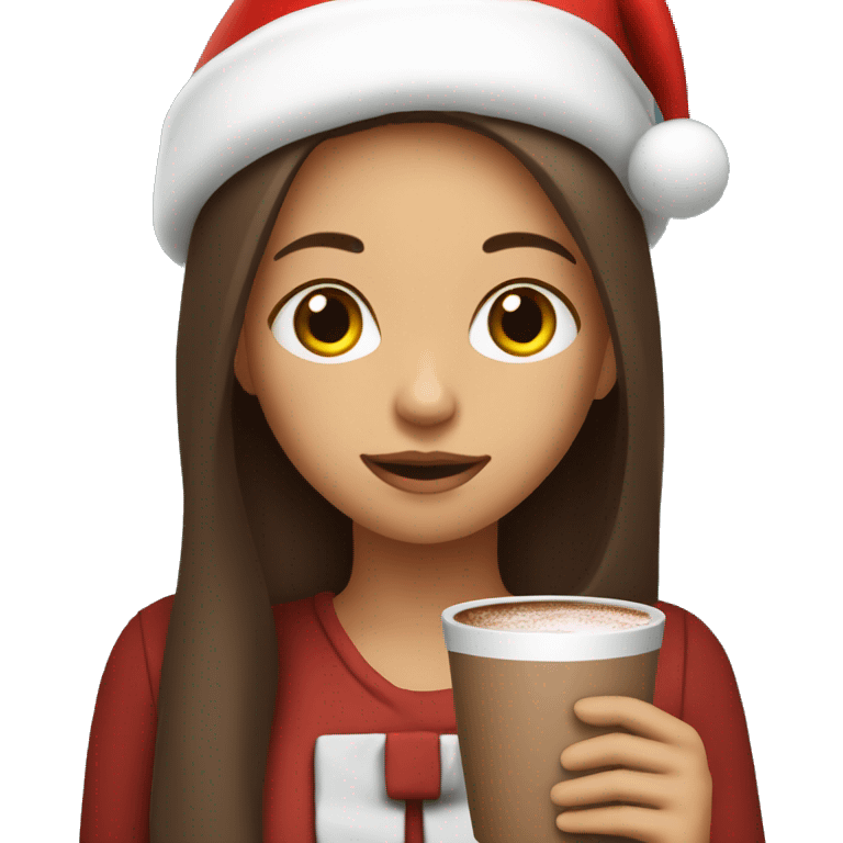 Girl with brown straight long hair, with santa hat and holding a cup of hot chocolate emoji