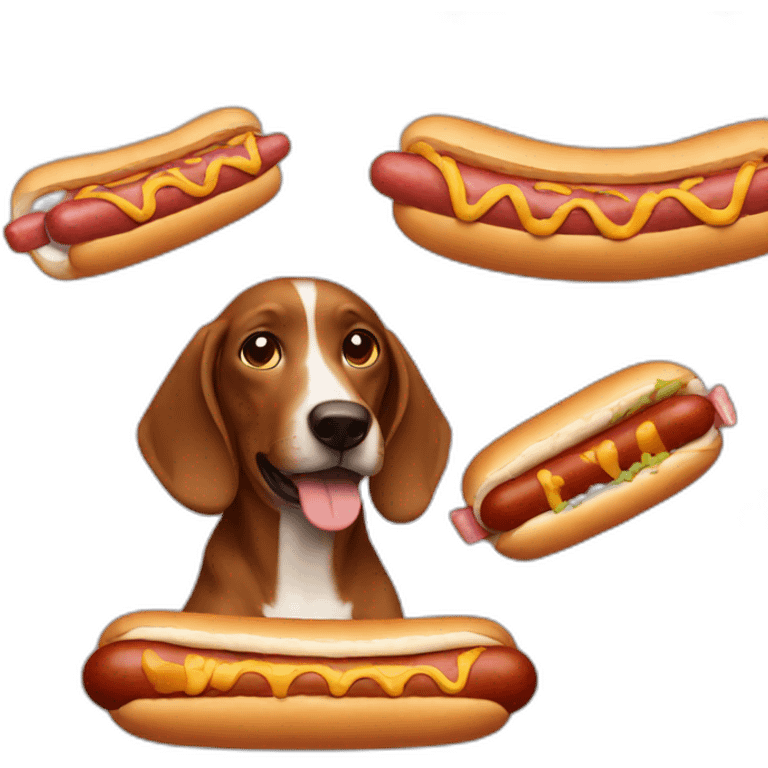 brown dog with white spots eating big hot dog emoji