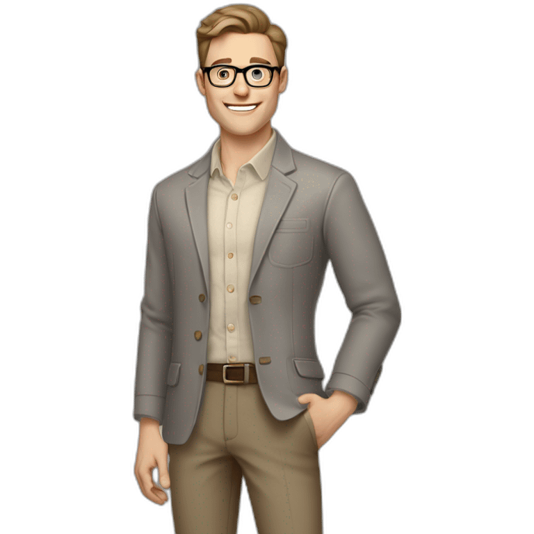 Joyful Pale skinned Fit Man With dark brown hair in gray jacket, beige office shirt, Brown pants and vintage glasses. His thrumbs up emoji