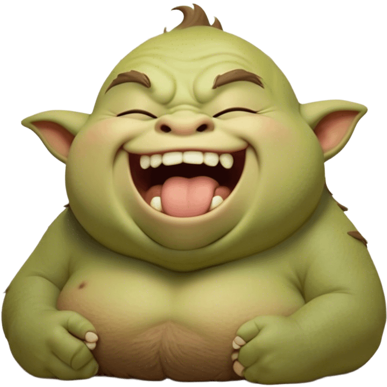 Cinematic Cute Yawning Ogre Portrait Emoji, with a surprisingly cuddly, rotund figure in soft earthy greens and browns, head tilted back in a big, gentle yawn exposing a set of comically oversized teeth, simplified yet irresistibly adorable, highly detailed with a soft glowing outline that captures the sleepy charm of a friendly ogre after a long day of gentle mischief! emoji