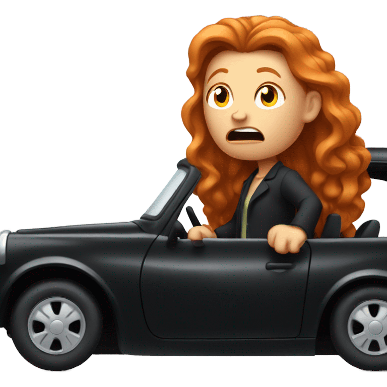 An angry ginger  woman with long ginger hair in a small old black car  emoji