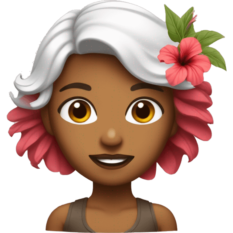 Chica de piel blanca con pelo ondulado y color marrón con una lo de hibiscus  emoji