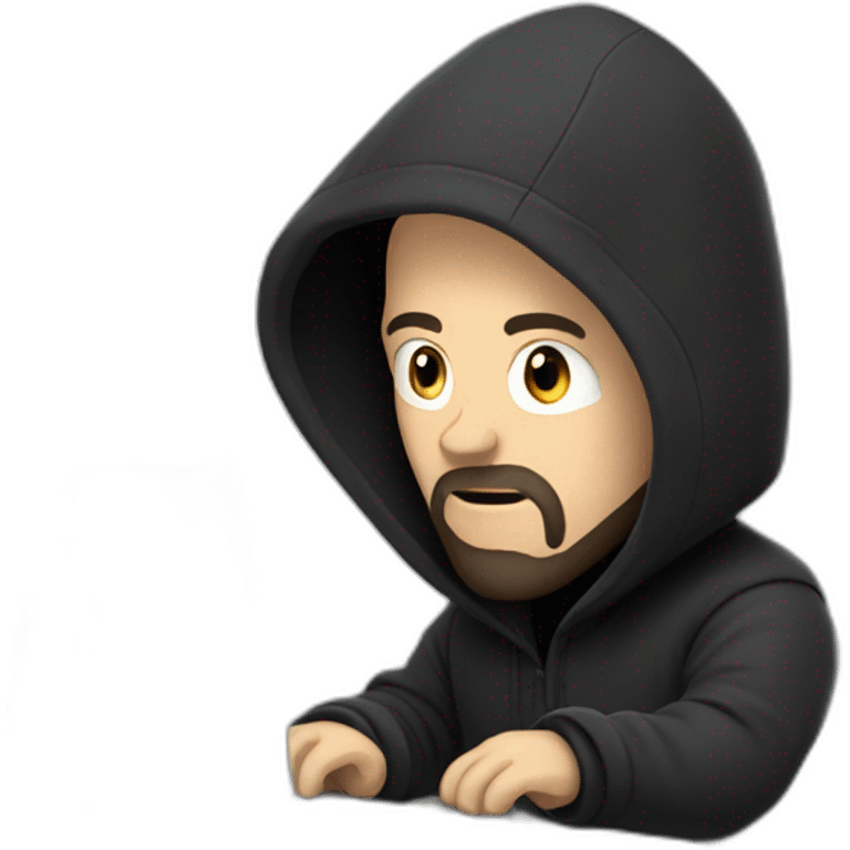 bald white man with a black beard typing on apple computer wearing a black hoodie emoji