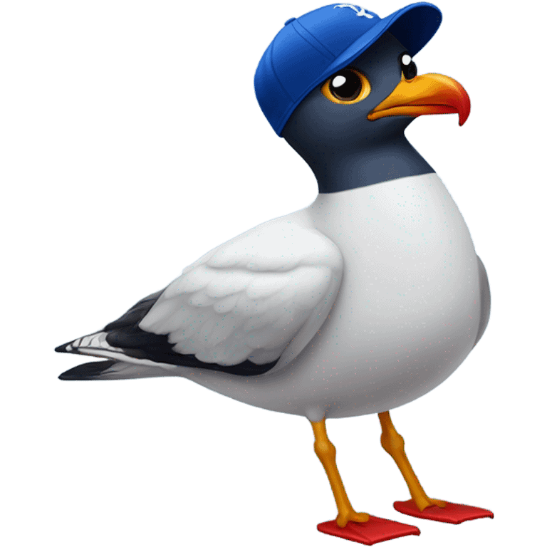 Seagull with wearing dark blue ballcap emblazoned with a red G initial emoji