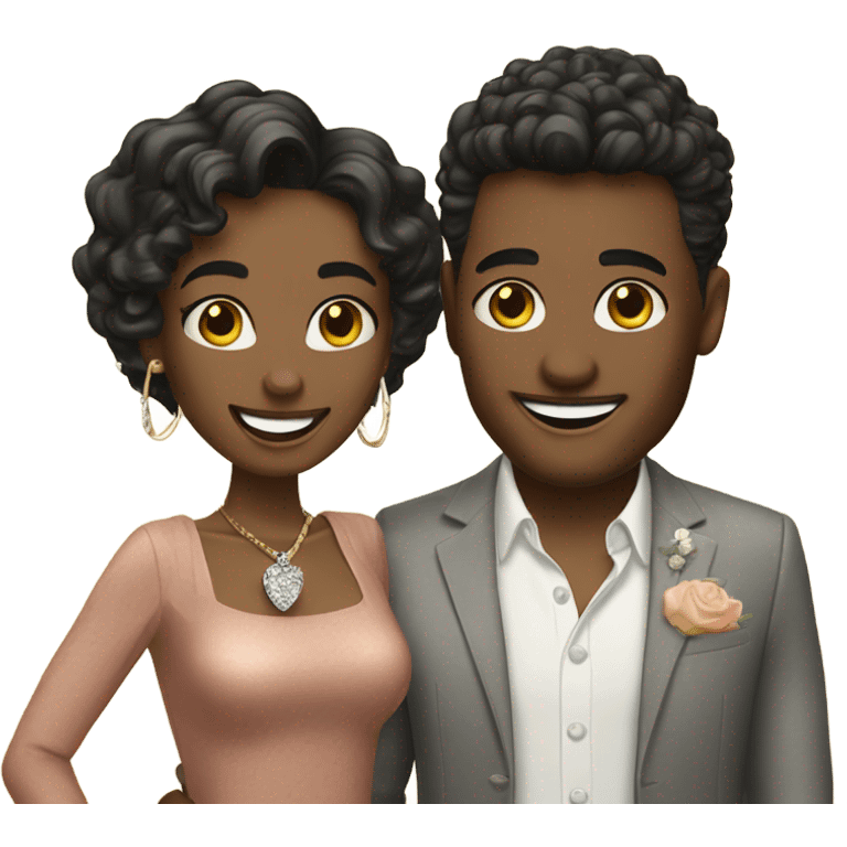 happy couple with stylish looks with engagement ring emoji