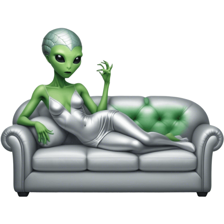 a reptilian green alien woman, in silver dress, lie on couch comfy, full figure emoji