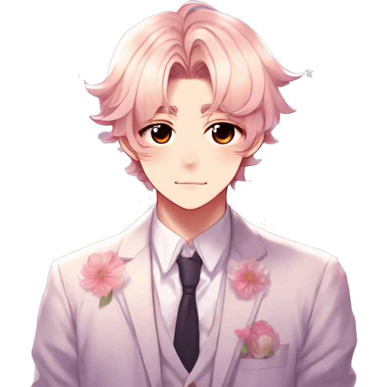 Gorgeous romantic hot attractive anime style formal modern gentlemanly anime shojo guy with pretty hair and flower petals and blushing face aesthetic trending style with colorful gradient colors  pastelcore cottagecore kawaiicore emoji