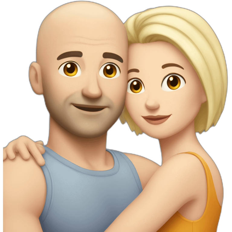 Bald Caucasian man and Caucasian woman with short black hair intimate hug emoji