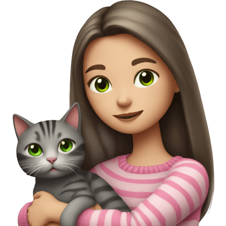 Brunette girl with long hair and green eyes in a pink sweater hugs a gray striped cat. The cat has brown eyes emoji