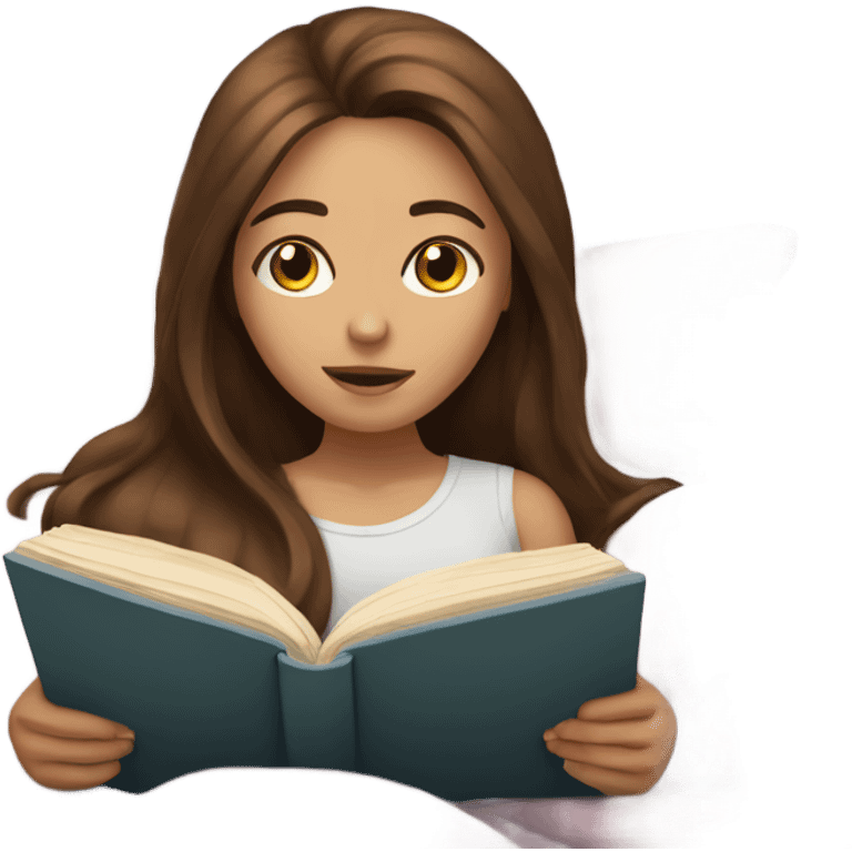 girl with white skin and long, brown hair is reading book in bed emoji