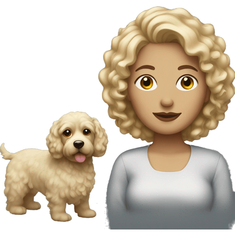 Woman with blonde curly hair and dog emoji